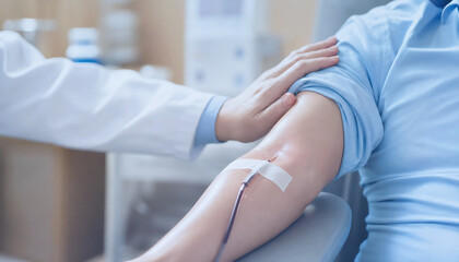 Fototapeta premium Closeup of a healthcare professional comforting a patient during a blood donation procedure