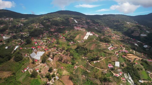 Drone approach aerial drone captures Colonia Tovar village in mountains