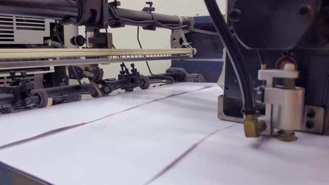 Close-up of a mechanical suction arm picking up individual white paper sheets in a high-precision printing press during a manufacturing process.