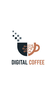 Digital Coffee Logo: Cup with Circuit Board and Pixels