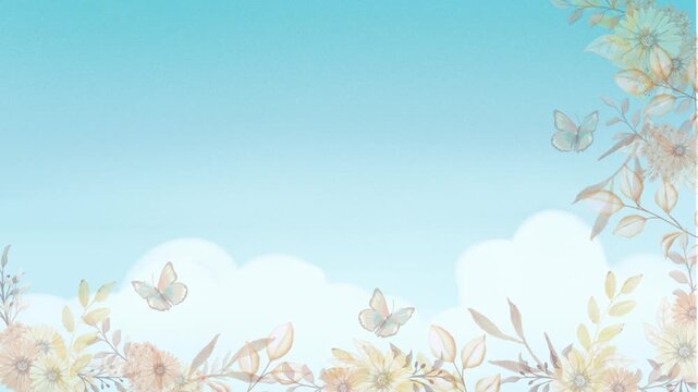 Charming watercolor floral border featuring blooming pastel flowers, delicate leaves, and graceful butterflies on a soft peach background. Elegant horizontal template with large copy space, suitable f