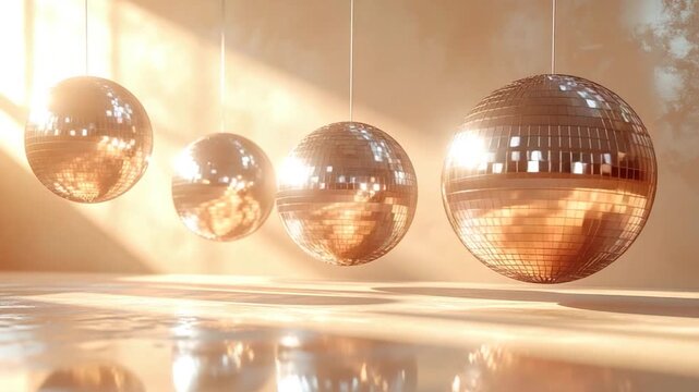 Four mirrored spheres hang in a warm-lit, textured room with reflective flooring