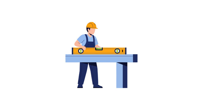 Construction worker using level tool on workbench.