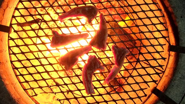 Top view of lamb chops grilling on wire mesh over glowing hot fire pit coals