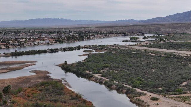 Drone Shot of Big Bend of Colorado River and Laughlin Town, Nevada USA