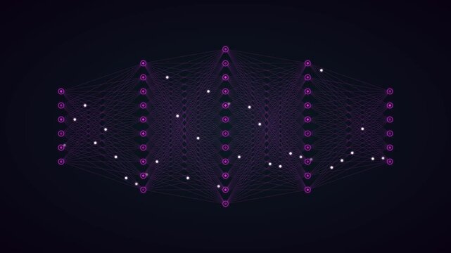 Neural network deep learning visualization with moving data nodes animation