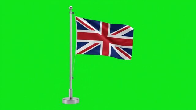 United Kingdom National Flag Waving on Desk Pole Stand Against Green Screen Background for Projects