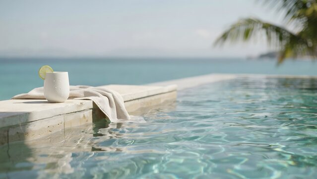 Minimal pool edge with travertine deck &ndash; Perfect for boutique hotel marketing, upscale real estate ads, or lifestyle branding.