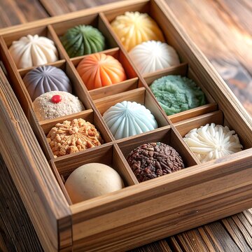 A wooden box containing assorted colorful sweets