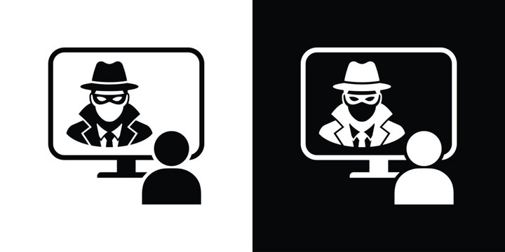 Laptop user facing a cyber security threat icon. Black and white minimalist vector illustration showing a person targeted by an online hacker.