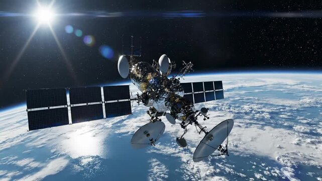 Advanced Communication Satellite Orbiting Earth with Solar Panels and Antennas Ideal for Telecommunications and Aerospace Documentaries.