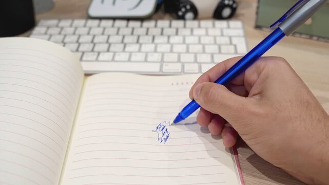 Close-up shot of a person's hand using a blue pen to doodle a messy face in a lined notebook. The workspace features a wooden desk and a blurred computer keyboard in the indoor office background.