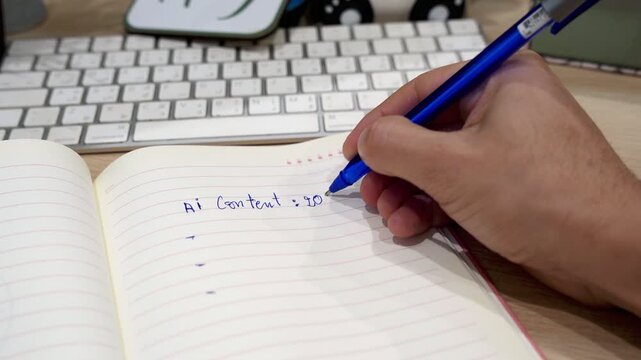 Close-up shot of a person's hand using a blue pen to write future AI content plans for 2027 to 2030 in a lined notebook. The indoor workspace features a blurred computer keyboard in the background.