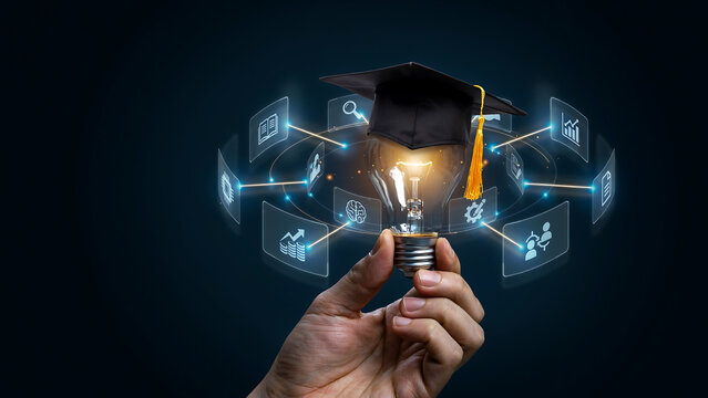 Education innovation concept with graduation cap light bulb and digital learning technology