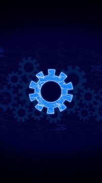 Wireframe gear icon with code snippets on dark background. Technical wireframe gear icon with code snippets for software engineering. Digital wireframe gear icon with code snippets.