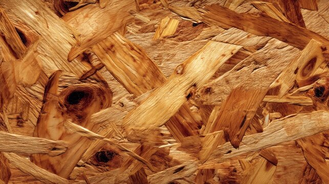 Varnished OSB texture, glossy wood flakes, golden yellow color, trendy interior wall background, rich detail 