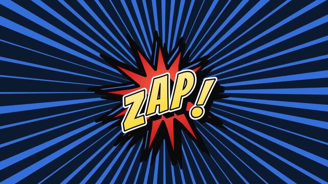 Comic book style zap text floating in jagged burst on rotating blue radial background, pop art onomatopoeia, seamless loop