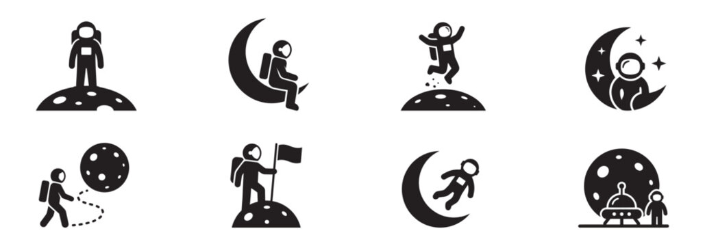 Astronaut icon set. Spaceman on moon, alien ufo, rocket, crescent and galaxy adventure symbols. Vector illustration.
