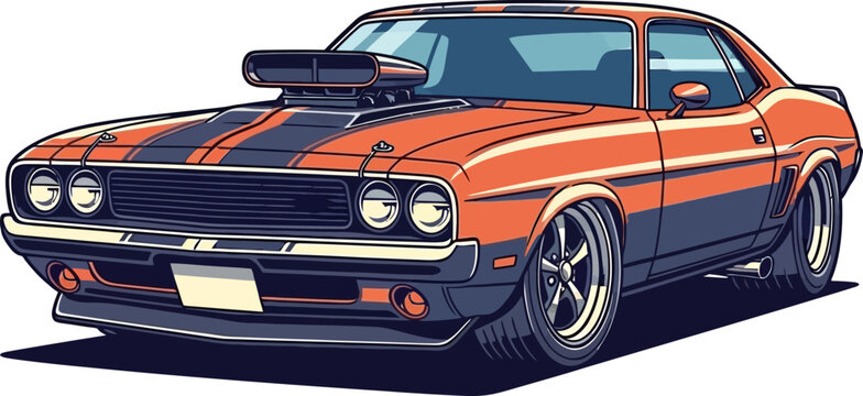Classic Muscle Car Custom Tuning Racing Stripes Vector Illustration Front 3/4 View