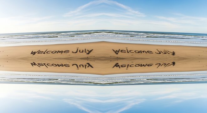 Serene coastal landscape with calm ocean and sandy shore.