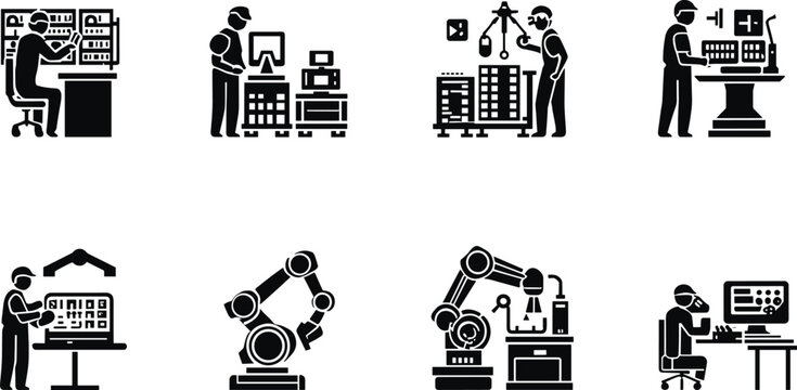Industrial automation icons set featuring factory workers monitoring control panels, smart manufacturing systems, robotic arms, and automated assembly line processing engineering glyph vectors