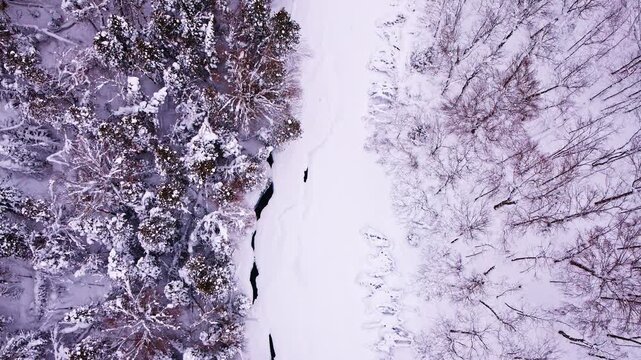 Aerial footage of a winter landscape blanketed in snow with a river running through it.