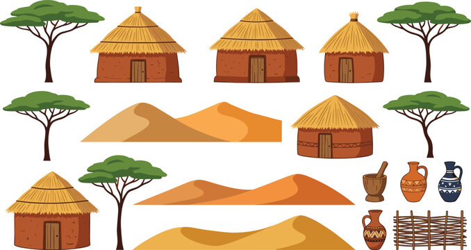 Traditional African Village Vector Element Set with Clay Mud Huts Acacia Trees Desert Sand Dunes and Tribal Pottery Icons