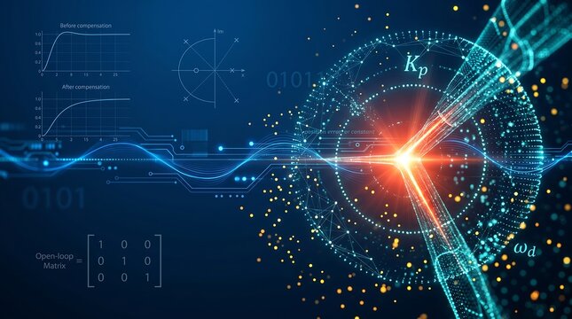 Data science equations illuminate a dark digital background while glowing light particles dance around sophisticated matrix displays designed to showcase complex mathematical algorithmic processing.