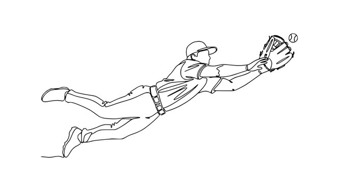 Baseball player diving catch illustration, action sport line art