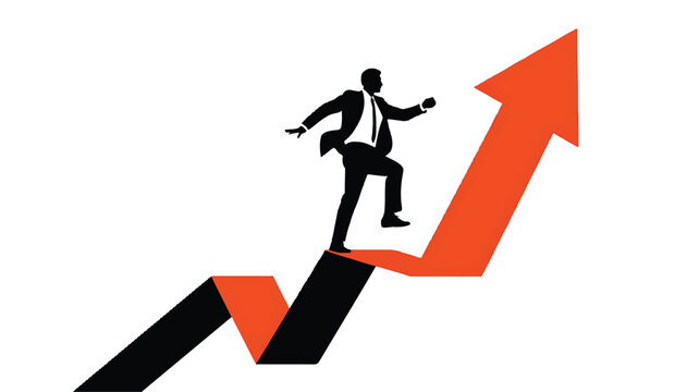 Businessman climbing up a rising arrow graph