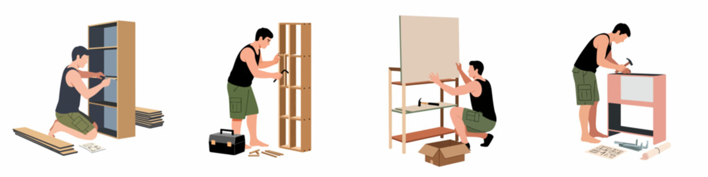 Set of flat vector illustrations showing a man assembling different types of wooden furniture, including shelves and cabinets, for DIY home improvement.