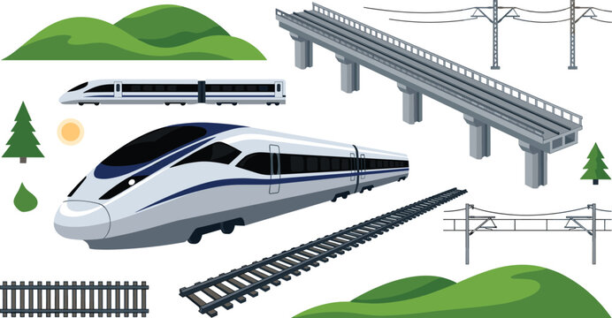 Modern High Speed Bullet Train Railway Vector Element Set with Overpass Bridge Tracks Electric Lines and Green Hills
