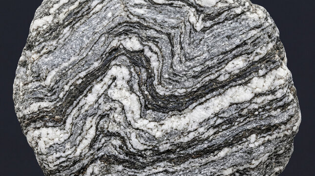 Banded gneiss metamorphic rock layers extreme macro on dark charcoal background