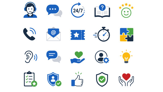 Customer Support Service Icon Set - 20 Flat Color Vector Chat Phone Email Helpdesk 247 Care Adobe Stock