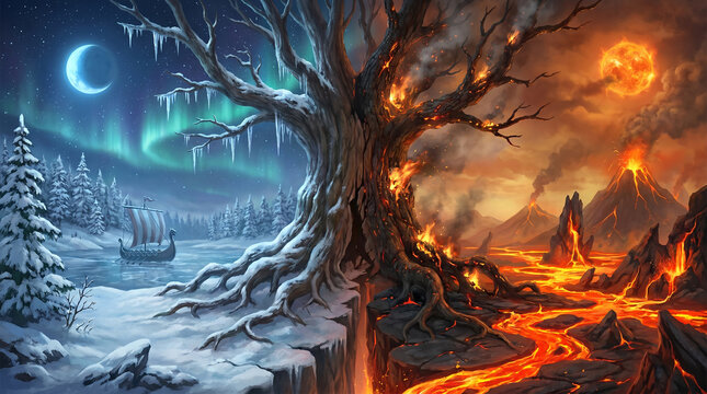 Split scene of tree in winter and desert with fire