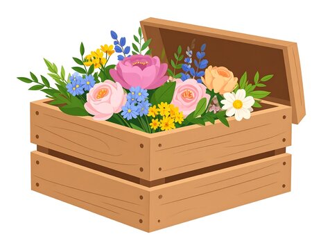 A wooden chest overflowing with colorful flowers against a white background