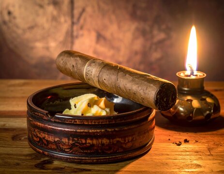 A wooden cigar ashtray with a lit candle beside it on a table