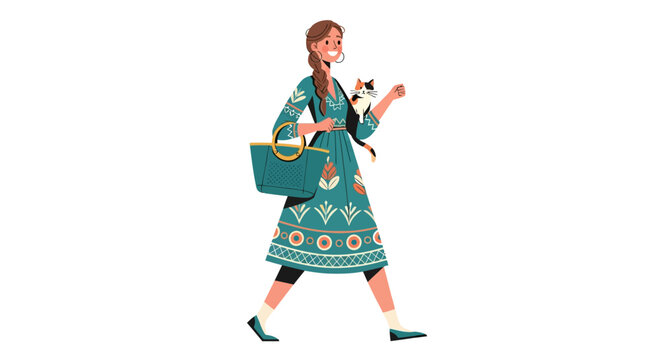 Woman in patterned dress walking with phone and bag.