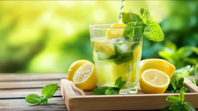 Glass of iced lemon water with basil leaves and straws on wooden tray fresh lemons sliced. Best Drinks for Burning Fat Naturally concept of summer refreshment and cooling.