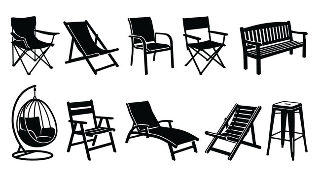 Outdoor garden furniture and patio chairs silhouette icon set