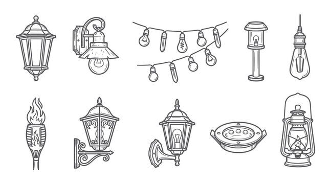 Garden lantern and patio string lights hand drawn line icons