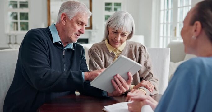 Handshake, tablet and nurse with senior couple in house with positive results at medical checkup. Technology, shaking hands and healthcare worker with elderly people for consultation in nursing home.