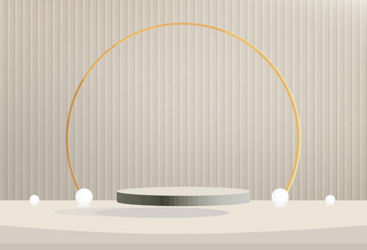 Minimalist beige product display podium with soft lighting and elegant geometric composition. Modern showcase background suitable for cosmetic branding, luxury products, advertising presentations, pac