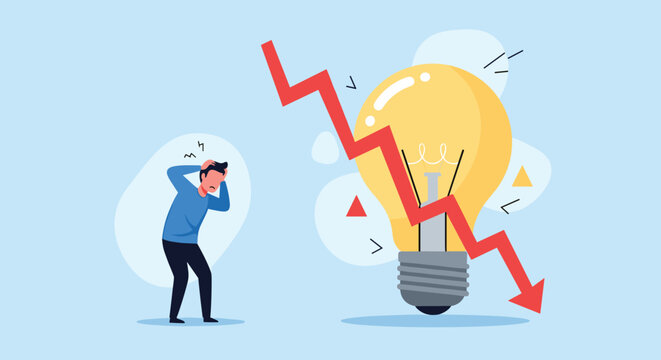 Stressed businessman holds his head in despair next to a giant light bulb and a red arrow pointing sharply down.