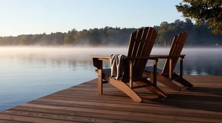 Naklejka premium Two empty wooden Adirondack chairs sit on a lake deck at dawn. Morning mist hovers over calm water, creating a peaceful, serene atmosphere. Trees line the distant shore under a clear sky.
