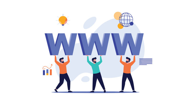 Three diverse men working together to lift a giant WWW sign, representing teamwork in web development and internet technology.