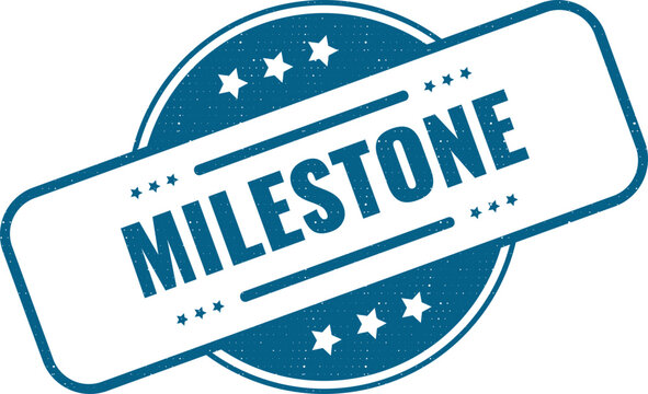 A blue rubber stamp with the word milestone printed in bold block capital letters inside