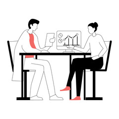 Fototapeta premium Woman at the doctor's appointment. Vector concept illustration of a girl and male doctor sitting and talking at the table in the office. Interior of a consulting room with doctor and patient