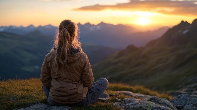 Serene Mountain Sunrise Meditation: A woman sits in a meditative pose, back to the viewer, overlooking a breathtaking mountain landscape at sunrise, embracing a moment of profound peace and solitude.
