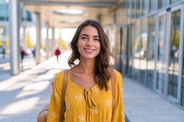 Smiling woman in a yellow patterned dress stands outdoors near modern glass buildings